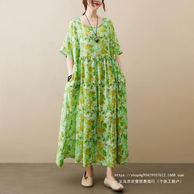 Summer New Literary Age Reduction Large Size Loose and Thin Printed Short-sleeved Long Dress with Pockets Over the Knee Skirt