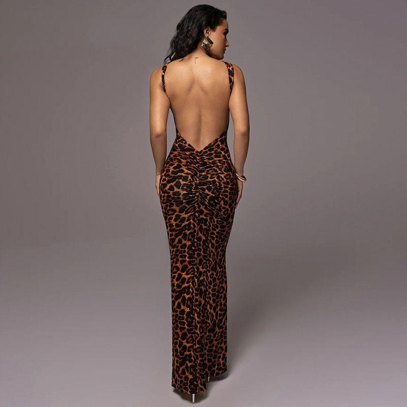 

Cnyishe Fashion Sexy Sexy Big Backless Leopard Print Print Dress Ruched Design Hip Lifting Temperament Long Dress Leopard print S