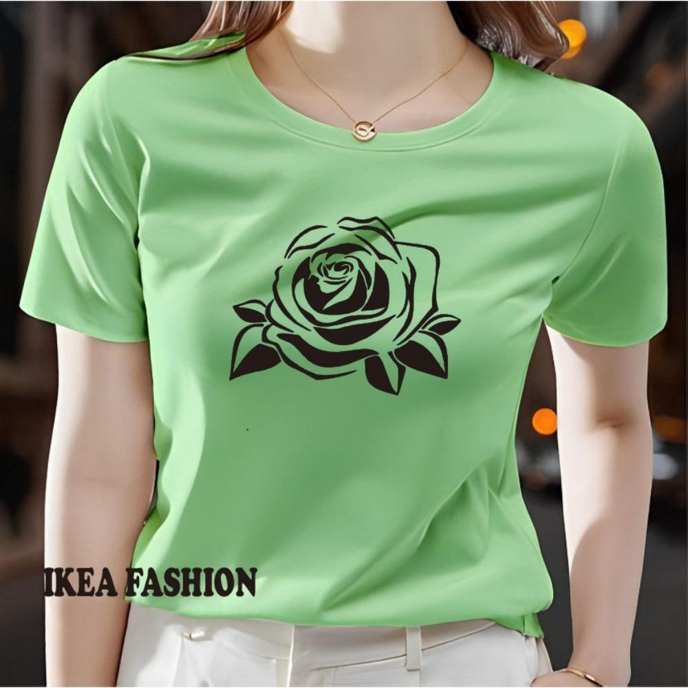 Ladies' Rose Printed T-shirt - Lightweight Polyester Short Sleeve Round Neck Top Machine Washable Spring, Summer, Autumn Casual Shirt