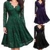 Retro Women Lace Floral V Neck Long Sleeve Tight Waist A-line Party Midi Dress