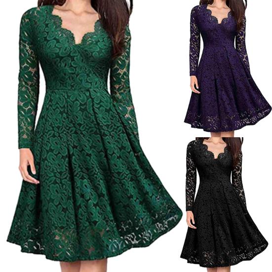 Retro Women Lace Floral V Neck Long Sleeve Tight Waist A-line Party Midi Dress