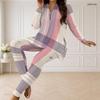 Women Plus Size Two Piece Set Half Zip Long Sleeve Plaid Printed Longline Top And Fitted Pants