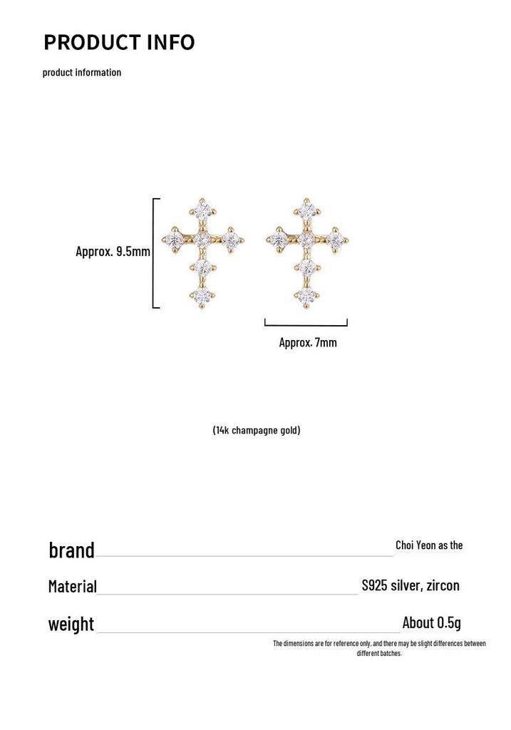 Cui Yan S925 Sterling Silver Cross Stud Earrings with Rhinestones, Light Luxury Japanese-Korean Design, Versatile for Women.