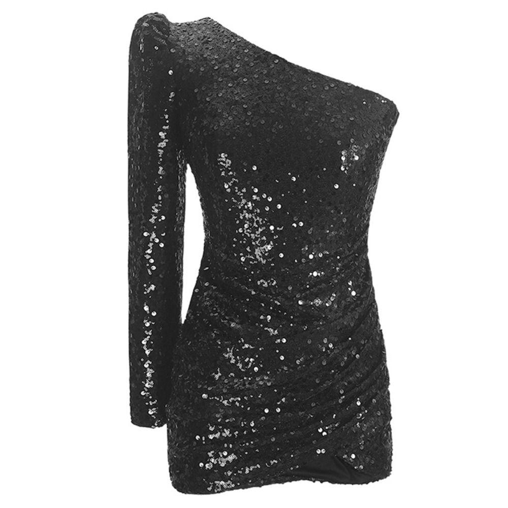 

One Shoulder Sequin Dress Sleeveless Bodycon Dress Irregular Slim Dress Dance