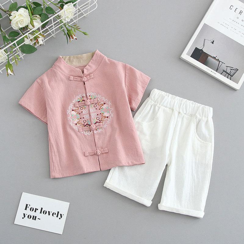 Completo Estivo da Ragazzo a Maniche Corte Stile Cinese per Bambini Hanbok Bello Completo Tang Cotone Lino Sezione Sottile di Abbigliamento Antico