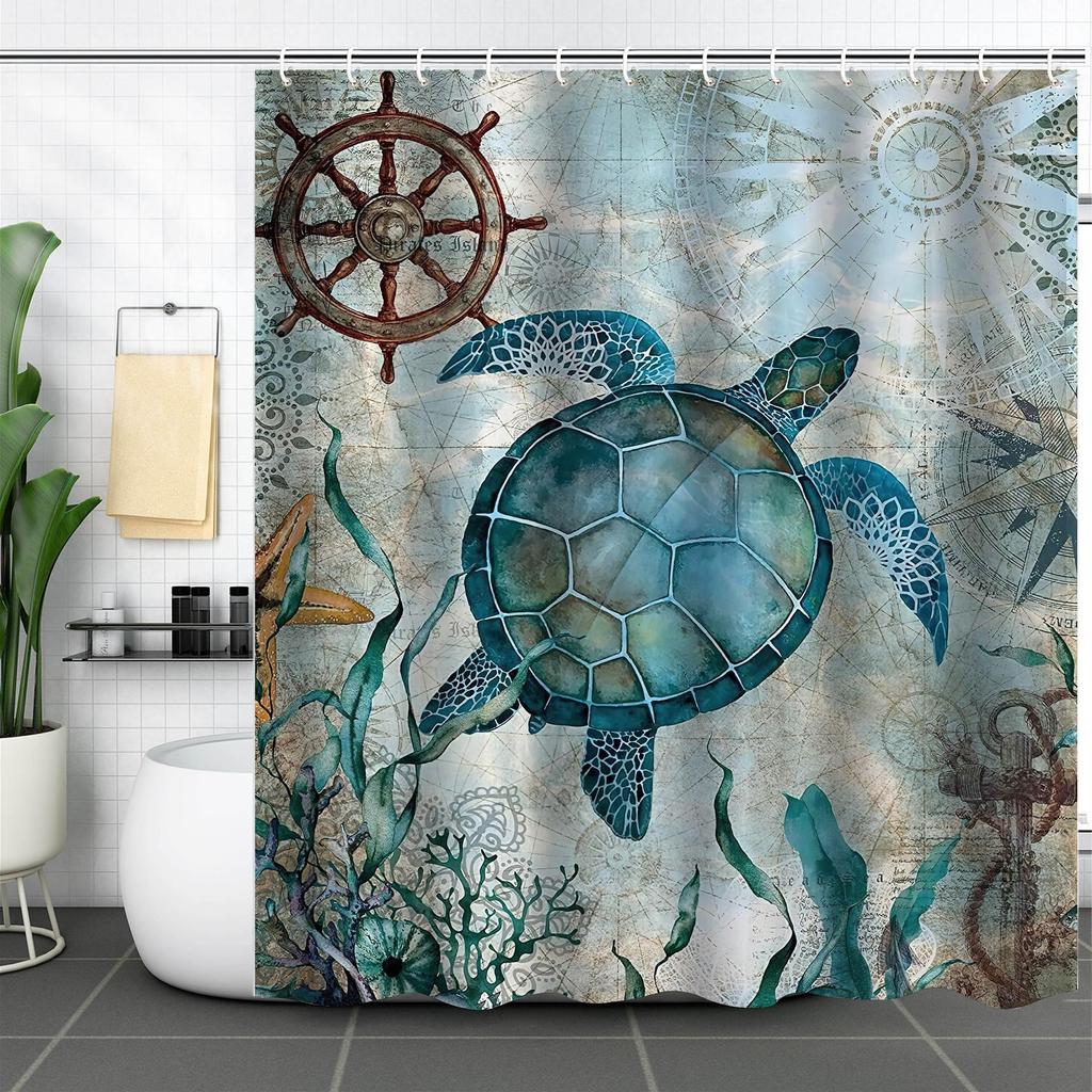 Coastal Marine Shower Curtain: Dolphin, Starfish, Seahorse, Seashell, Sea Turtle - Moisture-Proof, Mildew-Resistant, Waterproof, Beach Bathroom Décor