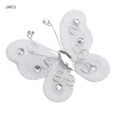 24pcs Sheer Mesh Wire Glitter Butterfly Wedding Party Clothing Decoration DIY Supplies White