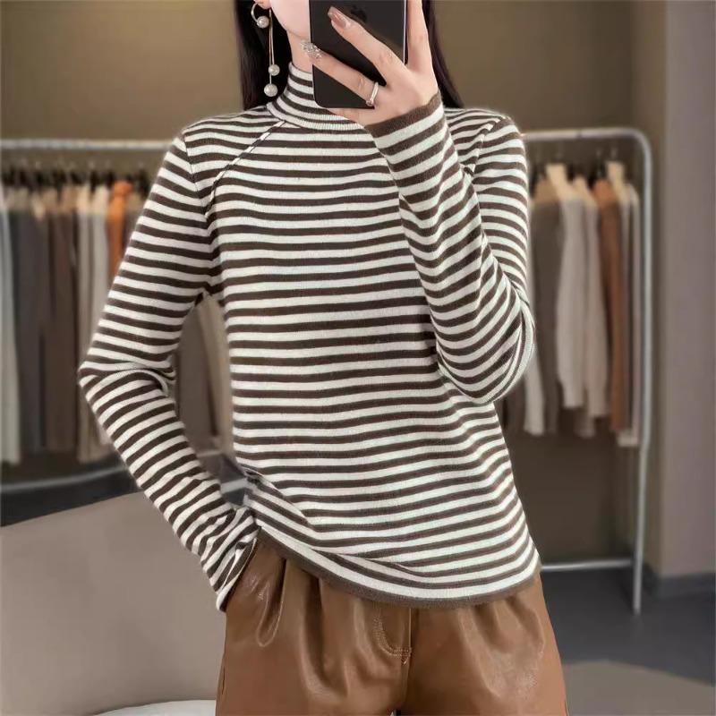 Autumn and Winter Women's Knitted Sweater New Semi-turtleneck Striped Bottoming Shirt with A Thin Long-sleeved Sweater