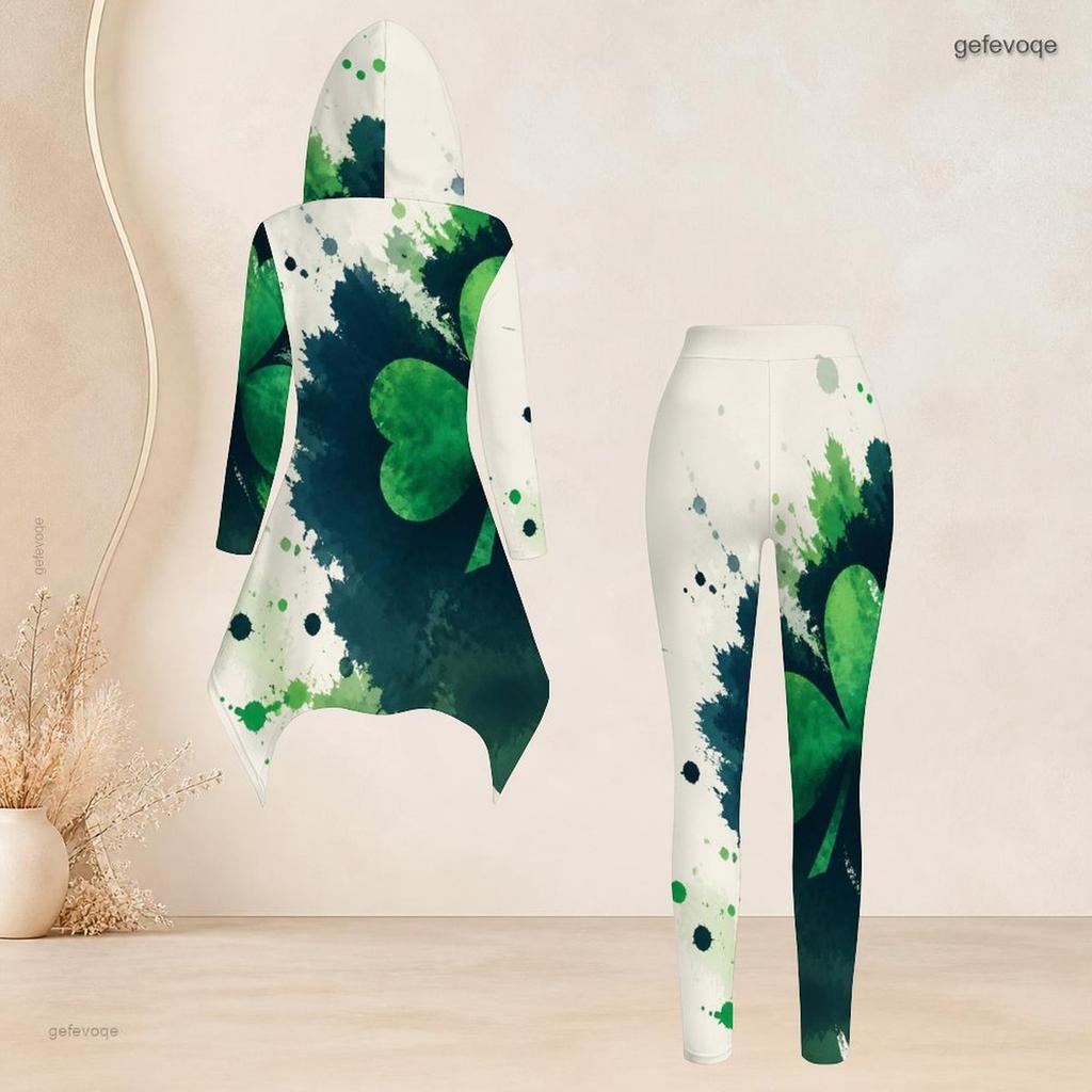 Women Plus Size Green White Clover Printed Hooded Long Sleeve High Low Top Fitted Pants Two Piece Set