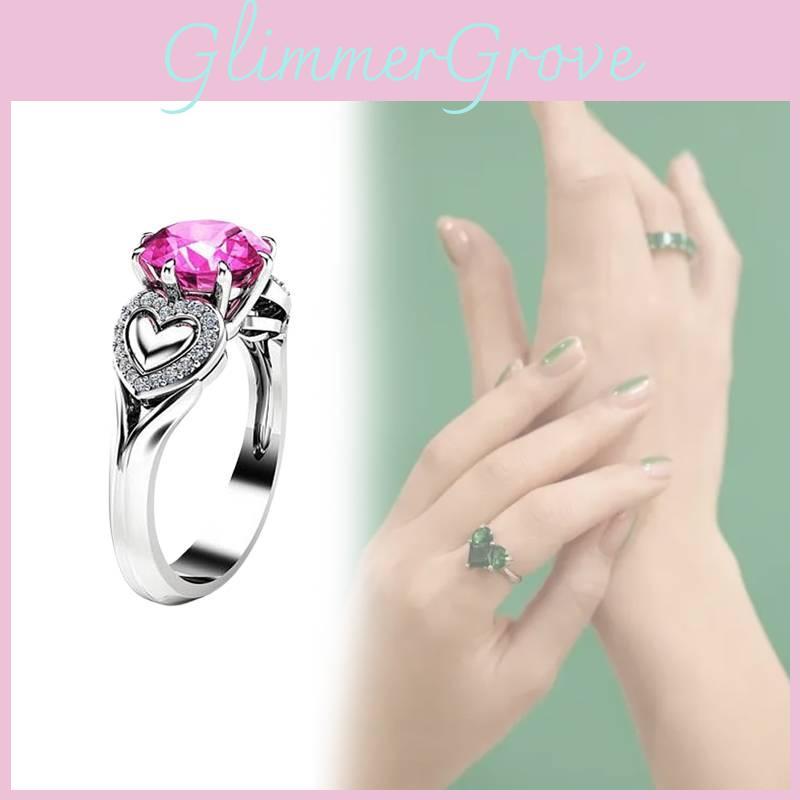 Bague Tendance en Forme de Cœur avec Cristal Zircon Rose et Anneau Réglable Plaqué Argent pour Femmes
