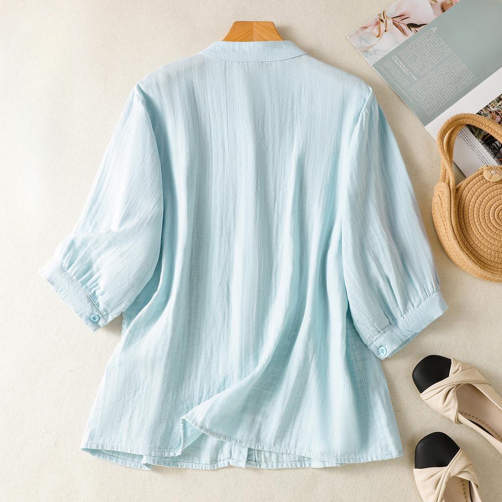 DIMANAF 2025 Plus Size Summer Cotton T-Shirt Women O-Neck Short Sleeve Loose Buttons Tops New Tees