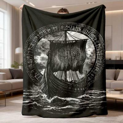 2026 New Flannel Blanket 1pc Featuring a Viking Longship with Norse Design, Showcasing Dark Ocean Waves And a Viking Ship. This Lightweight, All-Seaso