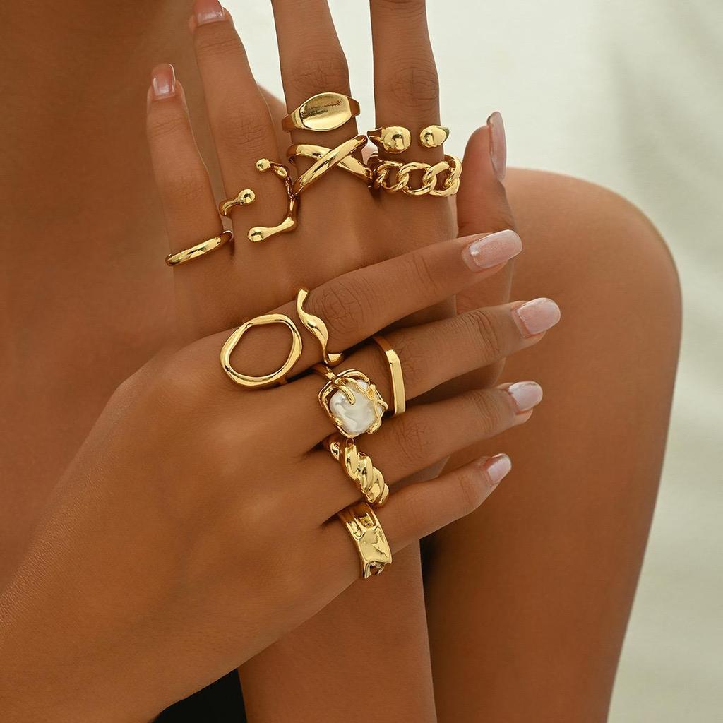 12-teiliges Set Neuer Unregelmäßiger Geometrischer Ring Legierung Beschichtetes Metall Verstellbarer Fingerring Für Frauen, Modisches Statement Schmuck Party N