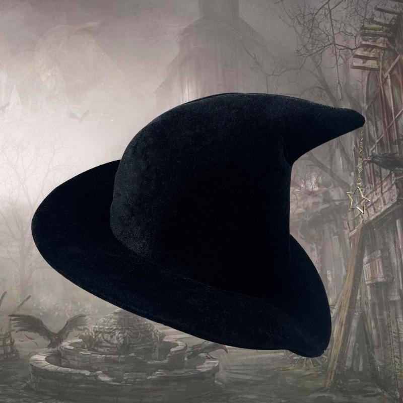 Halloween Party Velvet Witch Hats Party Wide Brim Pointed Hat Accessory Tulle Witch Hat with Star Pendant
