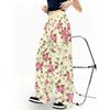 Women's Fashion Casual Trousers Light Yellow Base Color Pink Rose Floral Print Wide-leg Trousers