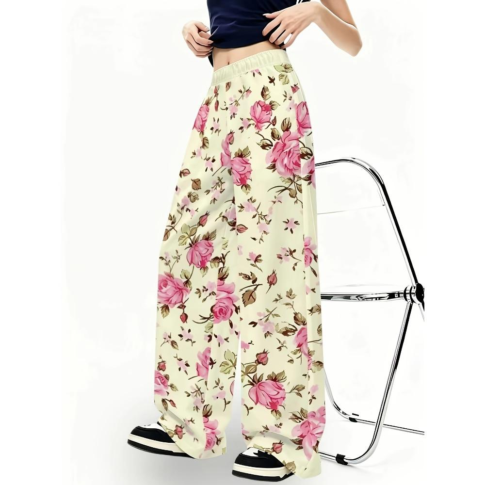 Women's Fashion Casual Trousers Light Yellow Base Color Pink Rose Floral Print Wide-leg Trousers