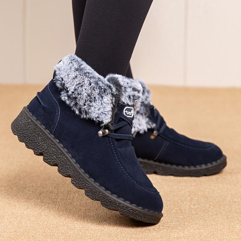 Women'S Winter Ankle Boots - Cozy Fleece-Lined Round Toe Lace-Up Boots with Thick Sole, Black & Gray Plush Design, for Cold Weather