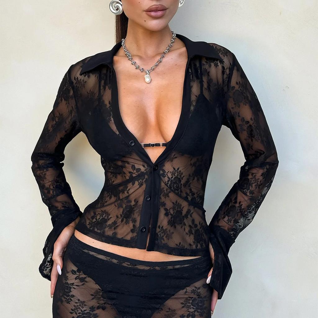 Herbst Damen Y2K Langarm Sexy Taille Aushöhlen Strickjacke Spitze Shirt Top