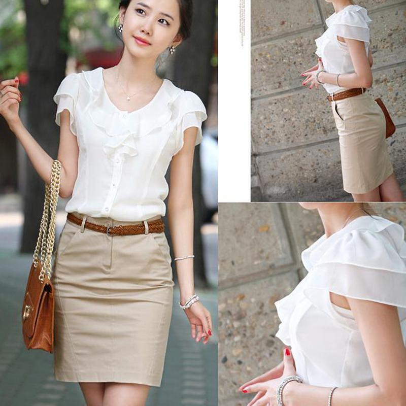 Short Sleeve Blouse Shirt Fashion Ruffles Ladies White Black Office Women