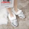 Fashion APHIXTA Plush Warm Silver Winter Snow Women Boots Shoes Platform Flat Heel Bling Crystals Bow Waterproof Fur Round Head Shoes