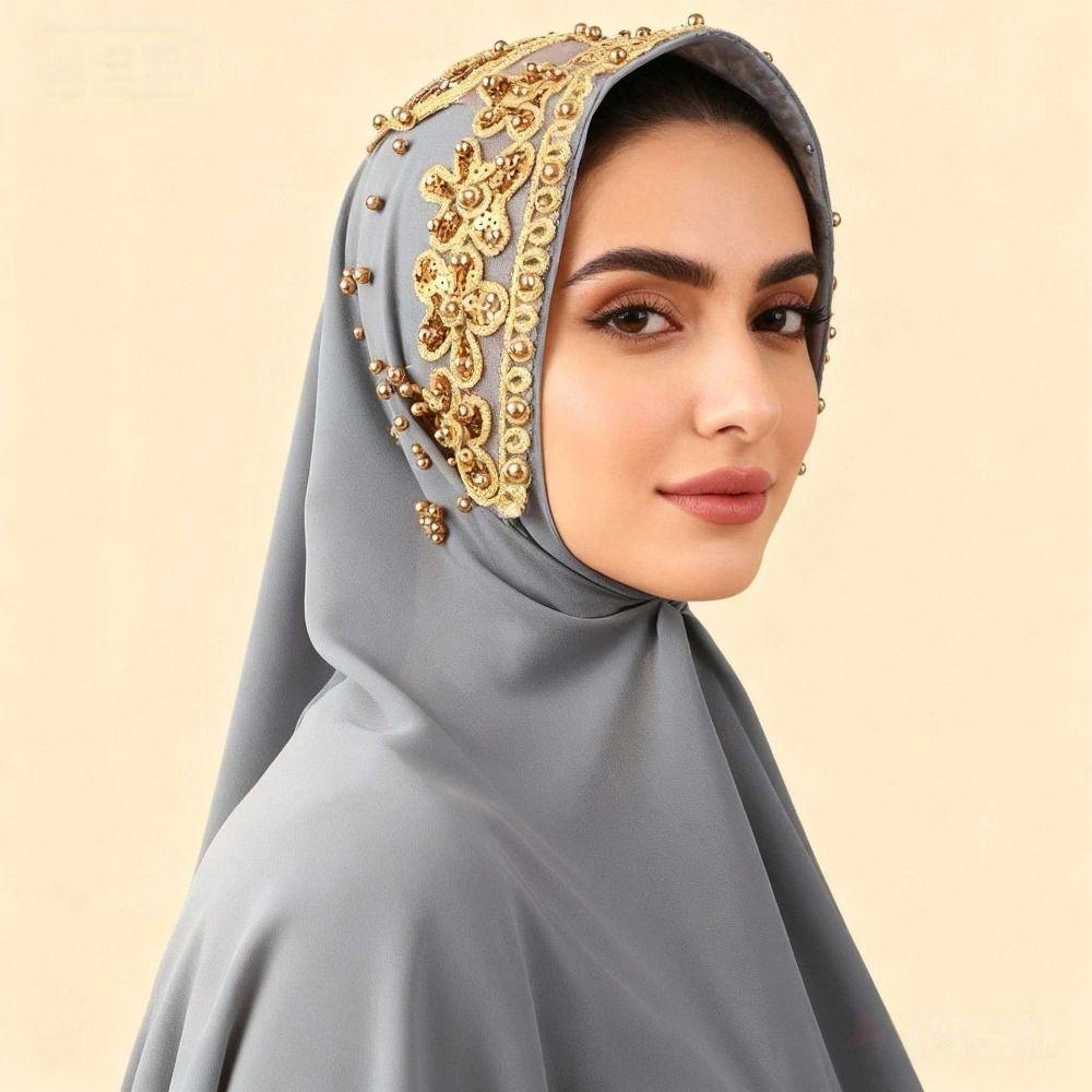 Gold Beads Pearl Chiffon Hijab Scarf Silk Sequin Wraps Shawl Headwraps Islamic Turban  Female
