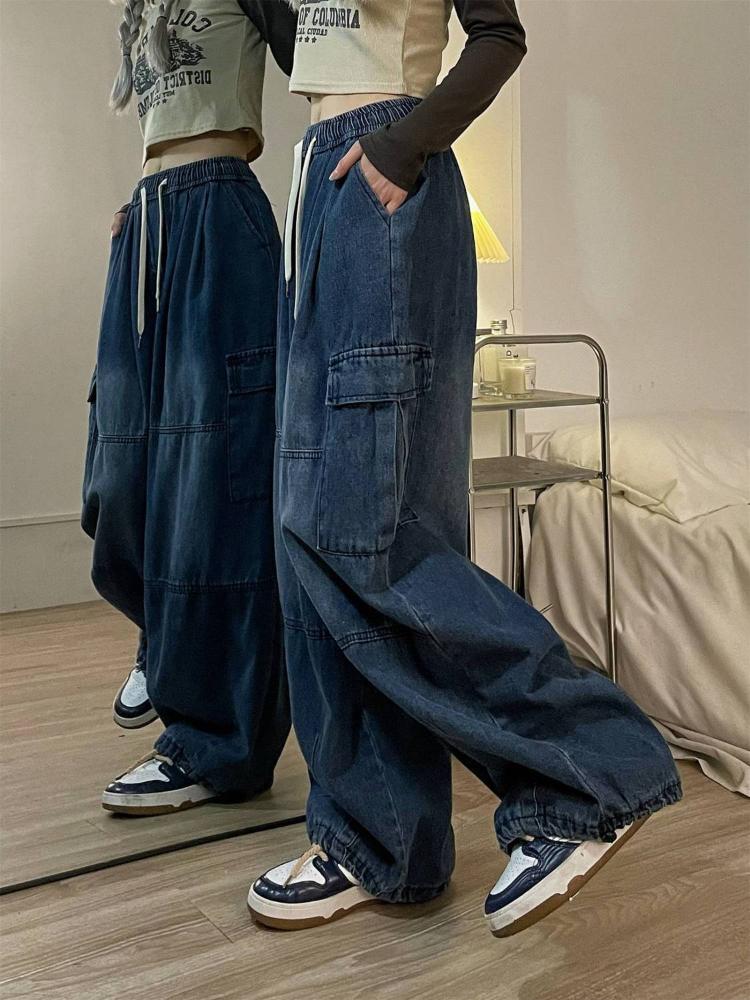 Jarní Vintage Baggy Jeans Elastický pas Ženy Oversized American Denim Široká noha Kalhoty Móda Streetwear Rovné Základní kalhoty Y2k
