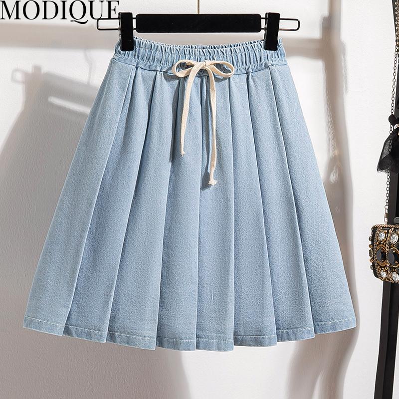 MODIQUE Summer Plus Size Women Loose Basics Elastic Mock Two-Piece Pleated Short Skirts Female Casual Blue Denim Short Pants