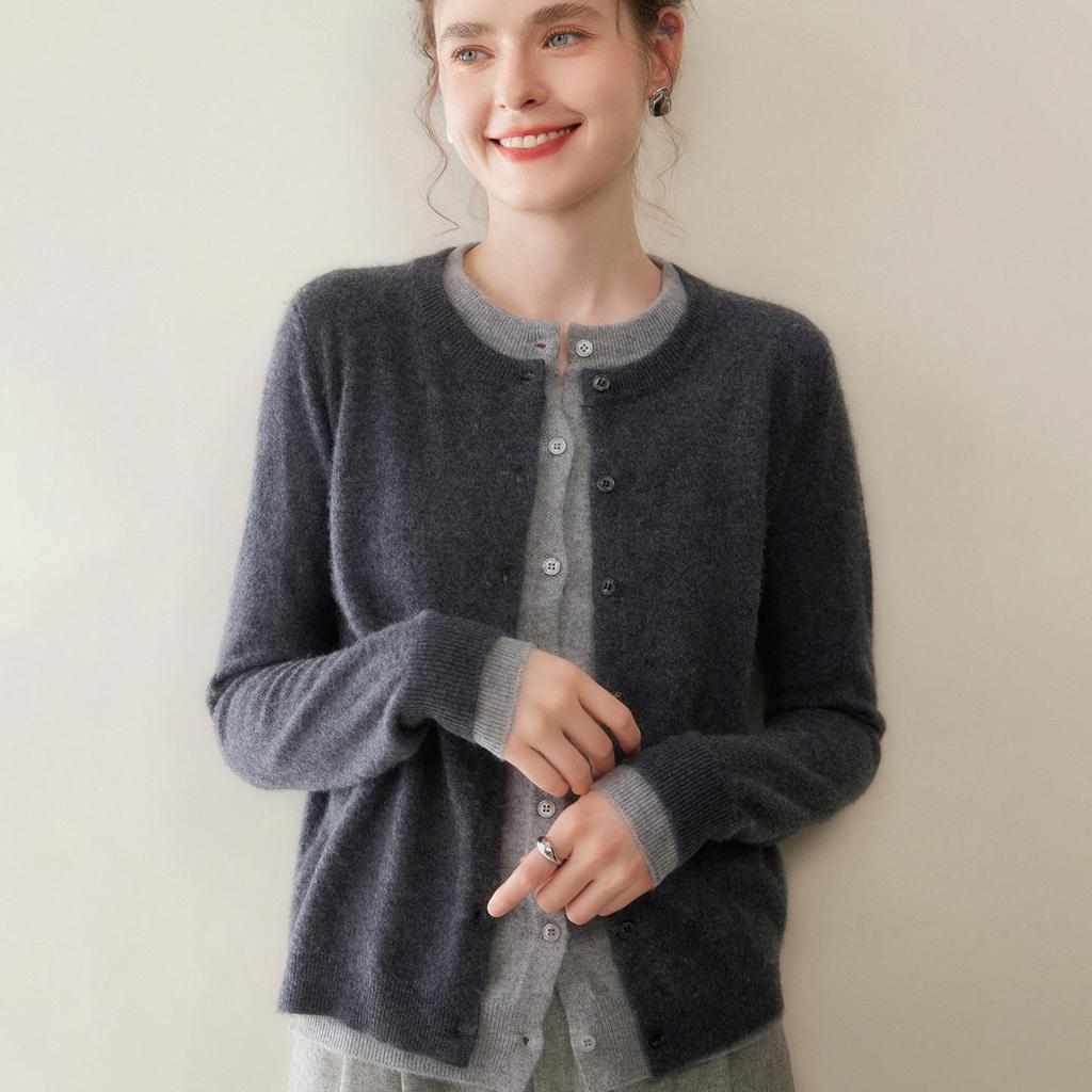 Women's Cashmere Cardigan: Two-Piece Knit Sweater Coat, Loose Fit, Slimming, Thickened, Round Neck, Color Block Design