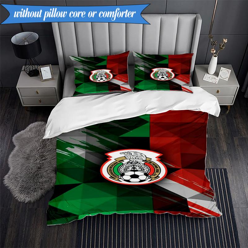 3PCS Mexico Football Team Emblem Printed Soft Bedding Set,Including 1pc Duvet Cover And 2pcs Pillowcases Perfect for Bedroom, Dormitory, Fan Gift
