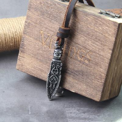 Stainless Steel Viking Dragon Spear Pendant Necklace with Real Cow Leather Chain Mens Gift In Wooden Box