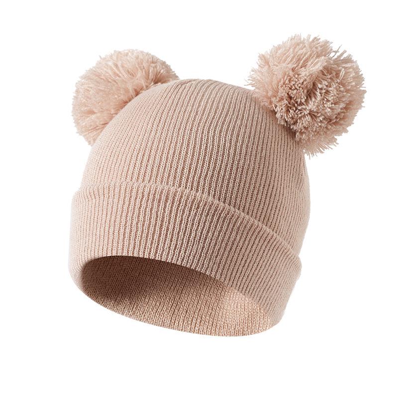 Shein Autumn Winter Warm Knitted Baby Hat with Double Pom-poms, Korean Style