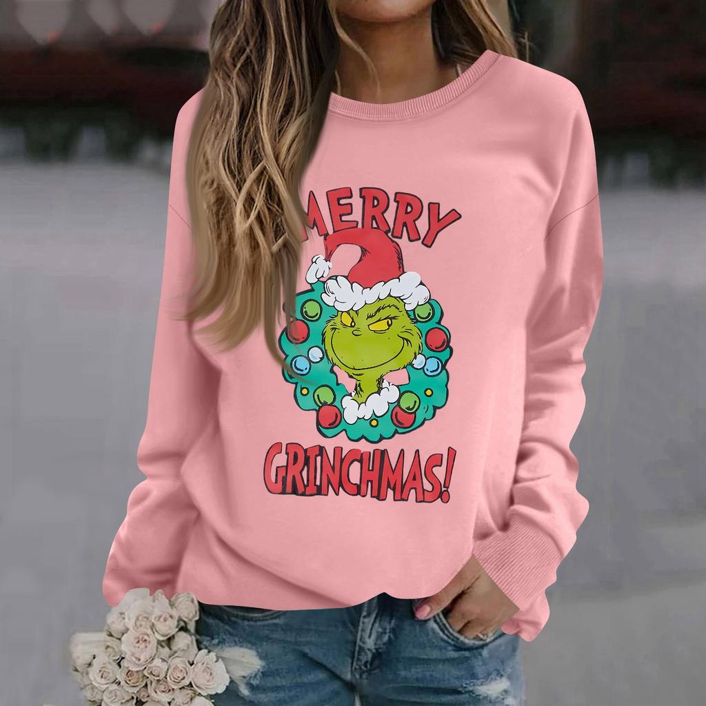 Women's Fashion Casual Long Sleeve Solid Color Christmas Printed Round Neck Top Sweatshirt