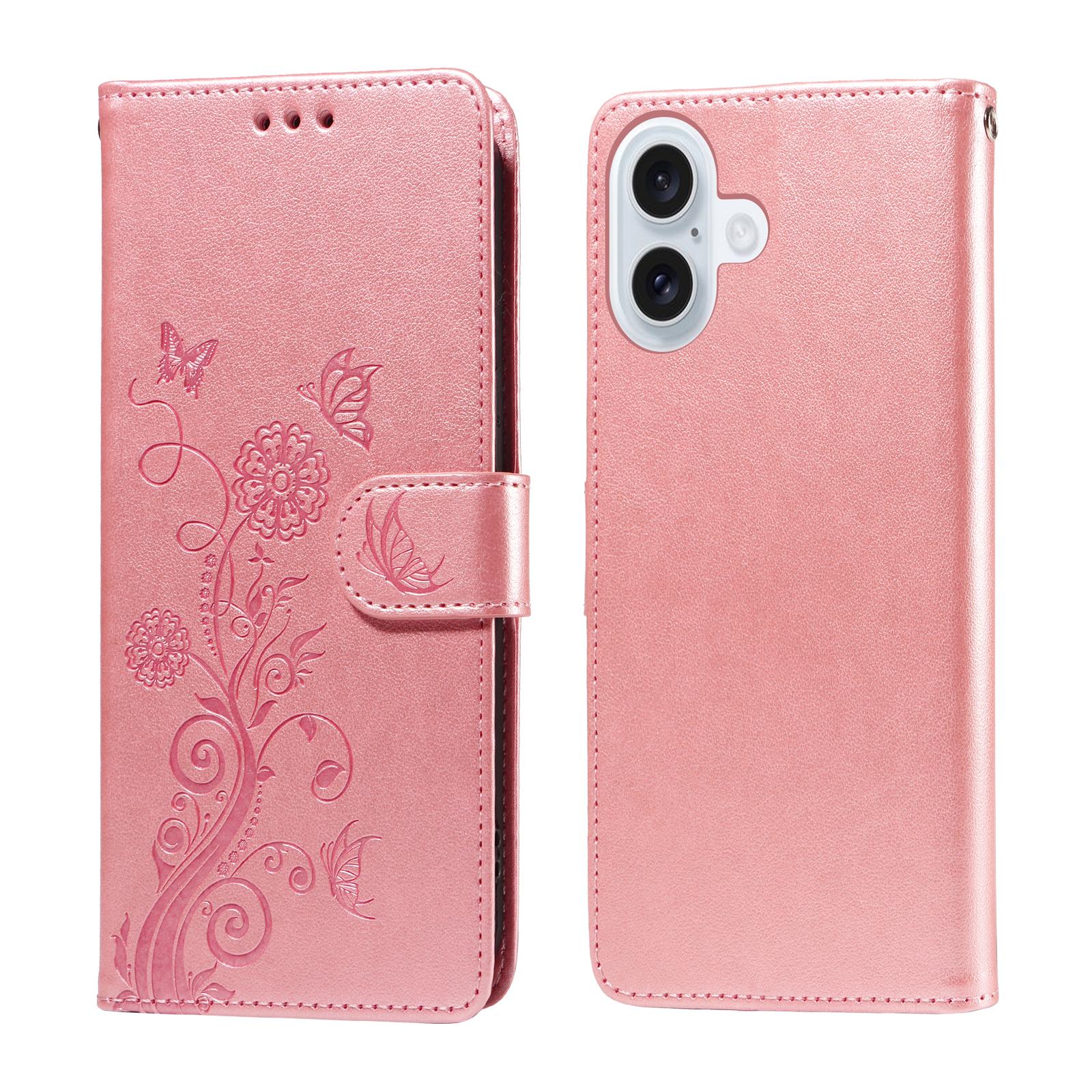 

For iPhone 17 Leather Case Butterfly Floral Imprint Wallet Stand Cover Pink