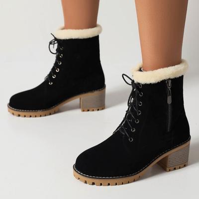 Damen Stiefeletten Winter Warmes Fell Schneestiefel Schuhe Schnürung Niedrige Absätze Schwarz Braun Party Schuhe Übergröße Bequem