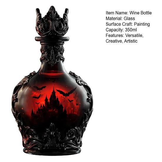 Gothic Vampires Whiskey Decanter Glass Liquor Bottle with Bat Castle Design Halloween
