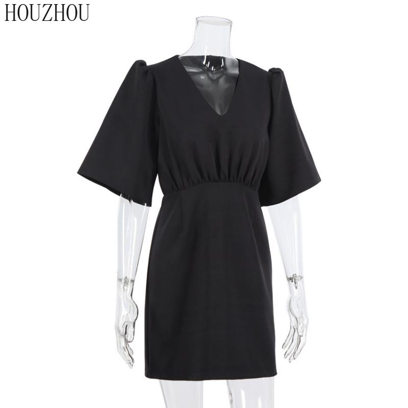 HOUZHOU Abito Nero Donna Scollo a V Vita Alta Classico Coreano Basic Elegante Maniche a Sbuffo Maniche Corte A-line Miniabito