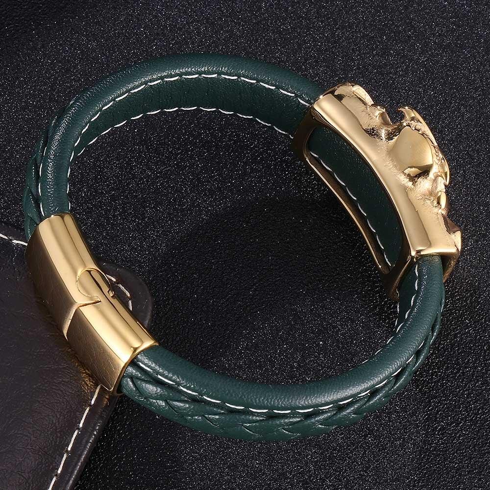 Trendy Men Bracelet Green Leather Owl Stainless Steel Simple Bracelets Punk Cuff Man Jewelry Gifts
