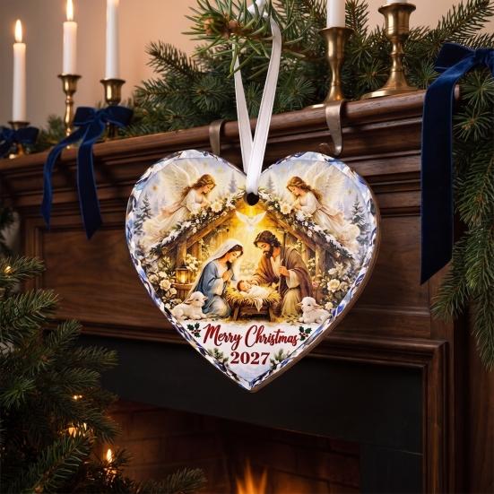 Heart Shaped Nativity Pendants Wooden Hanging Ornament for Christmas Tree Decorations, Retro Religious Vintage Style Holiday Tags Scene Garland