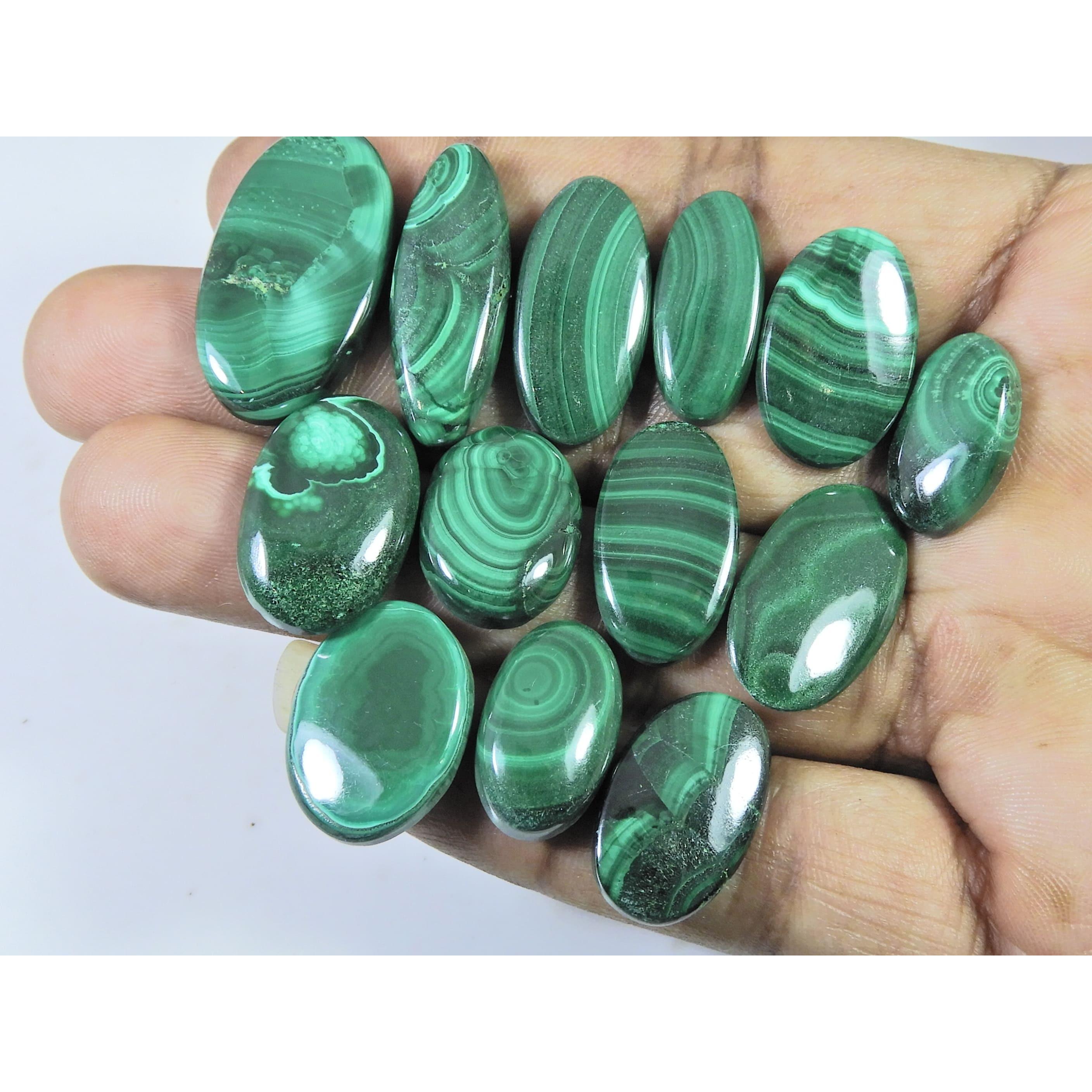

13Pcs Natural Green Malachite Oval Cabochon Loose Gemstone 190Cts. Lot C-476