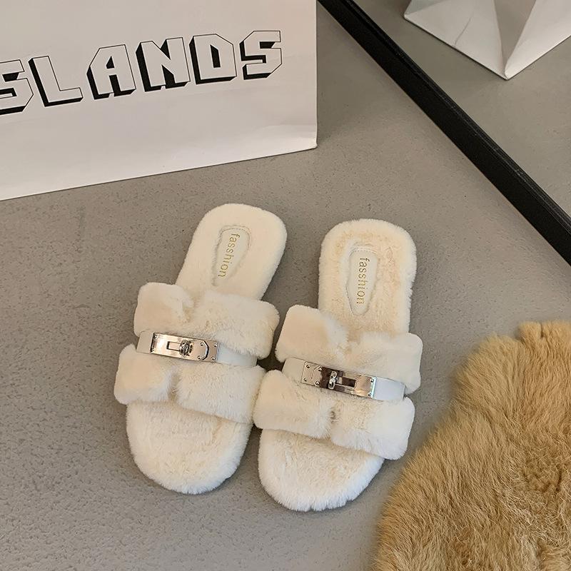 Beautiful High-end Fluffy Slippers Women's Outer Wear 2025 Autumn and Winter New French Fairy Wind Plush Flat-bottomed Cotton Slippers