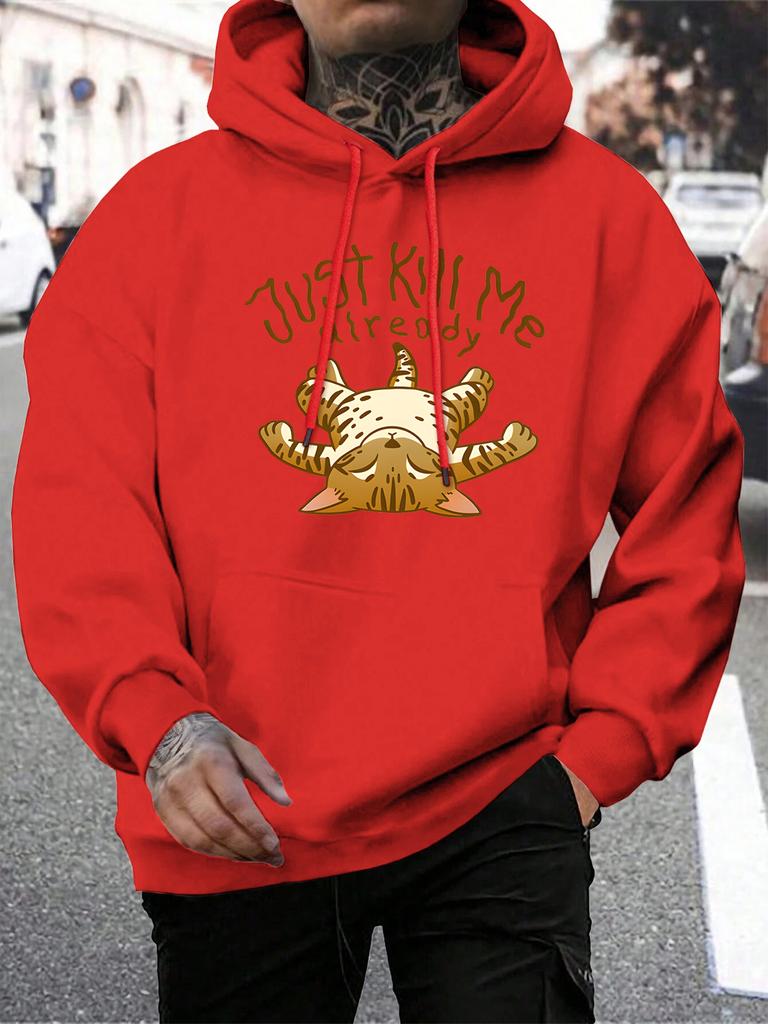 Bring mich einfach um schon Cartoon Katze Muster Herren Hoodie Harajuku Herbst Streetwear Mehrfarbig Fleece Pullover Locker Kängurutasche Hoodies