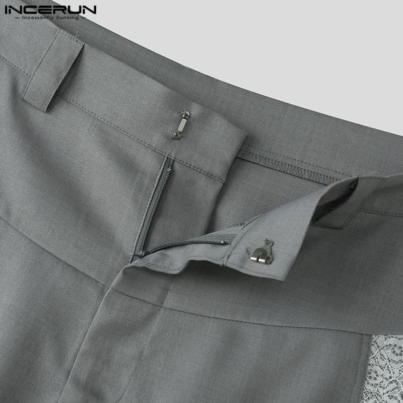 INCERUN Men Zip-up Waist Side Lace Patchwork Casual Long Straight Pants