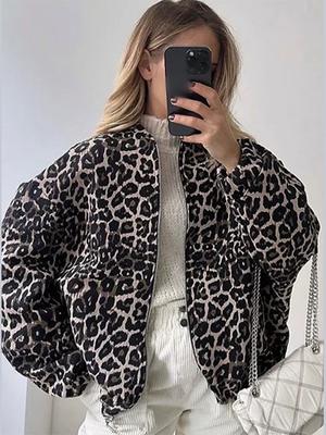 Fashion Vintage Zipper Long Sleeve Loose Jacket Women Retro Round Neck High Street Casual Coat New Design Leopard Female Autumn Outerwear