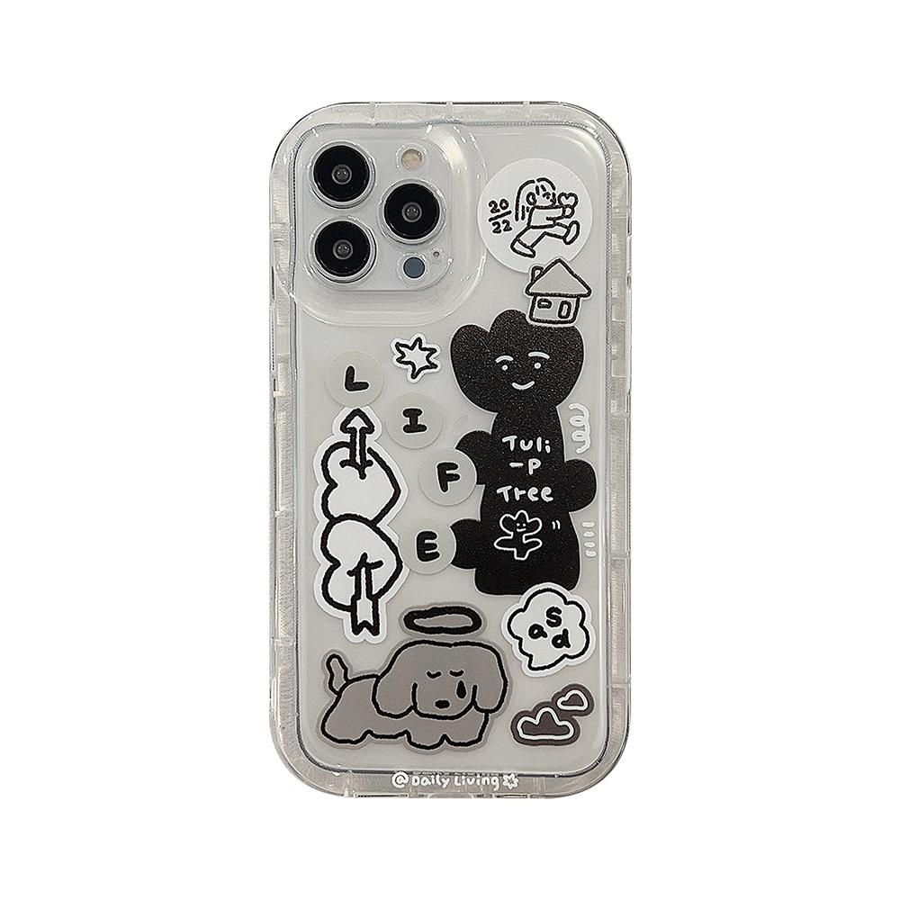 Graffiti Ins Karikatür Koruyucu Kabuk Iphone 11 12 13 Promax 14 Pro Max Sevimli Köpek Lale Çiçek Güzel Darbeye Dayanıklı Telefon Kılıfı