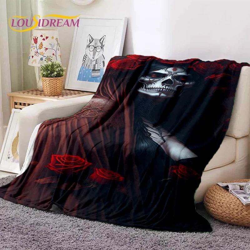 Skull Dead Girl 3D Gothic Horror Female Rose Soft Flannel Blanket for Beds Bedroom Sofa Picnic,Throw Blanket for Cover Leisure