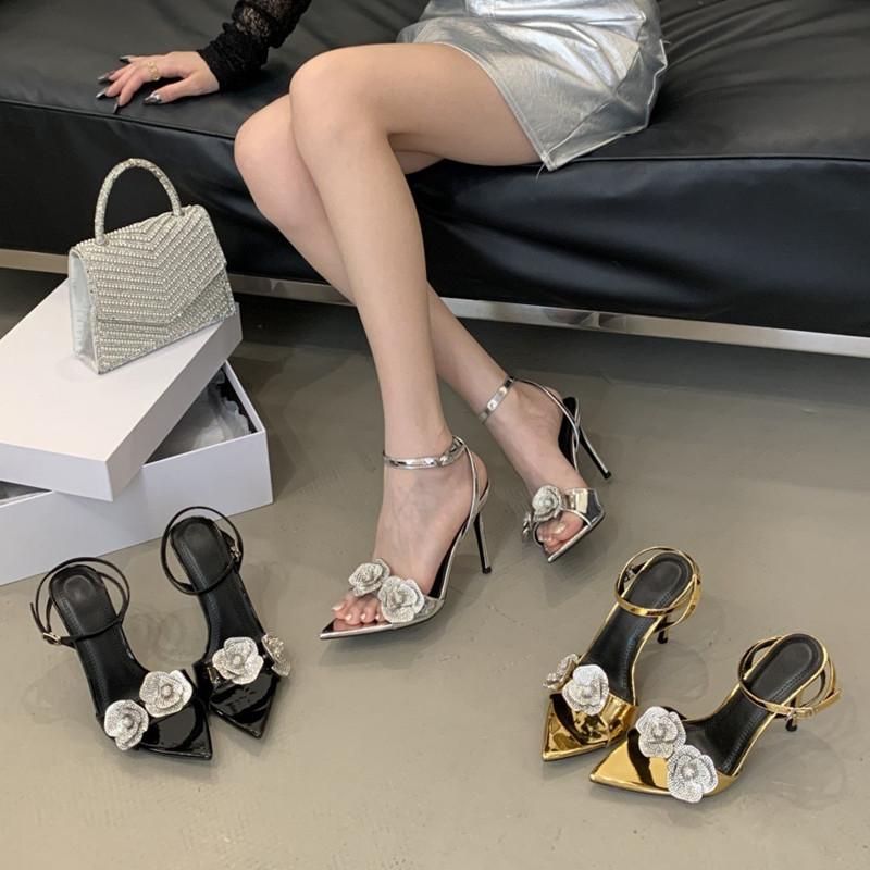 Fashion Sexy Gold Crystal Flower Heeled Sandals Women Fashion Pointed Toe Ankle Buckle Heels Summer Elegant Party Shoes Zapatos De Mujer