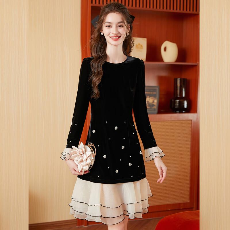 

Элегантное бархатное миди-платье А-силуэта с бисером Bailuyu XL