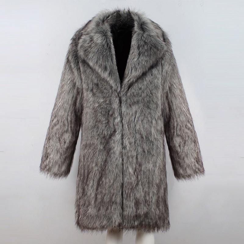 Men Two Tone Faux Fur Long Coat Open Front Fluffy Warm Winter Luxury Plush Overcoat With Pockets