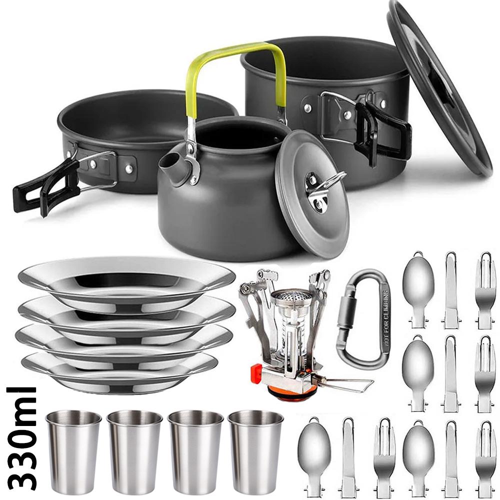 Outdoor camping cooking set outdoor water boiling and vegetable frying aluminum alloy portable set [with igniter]