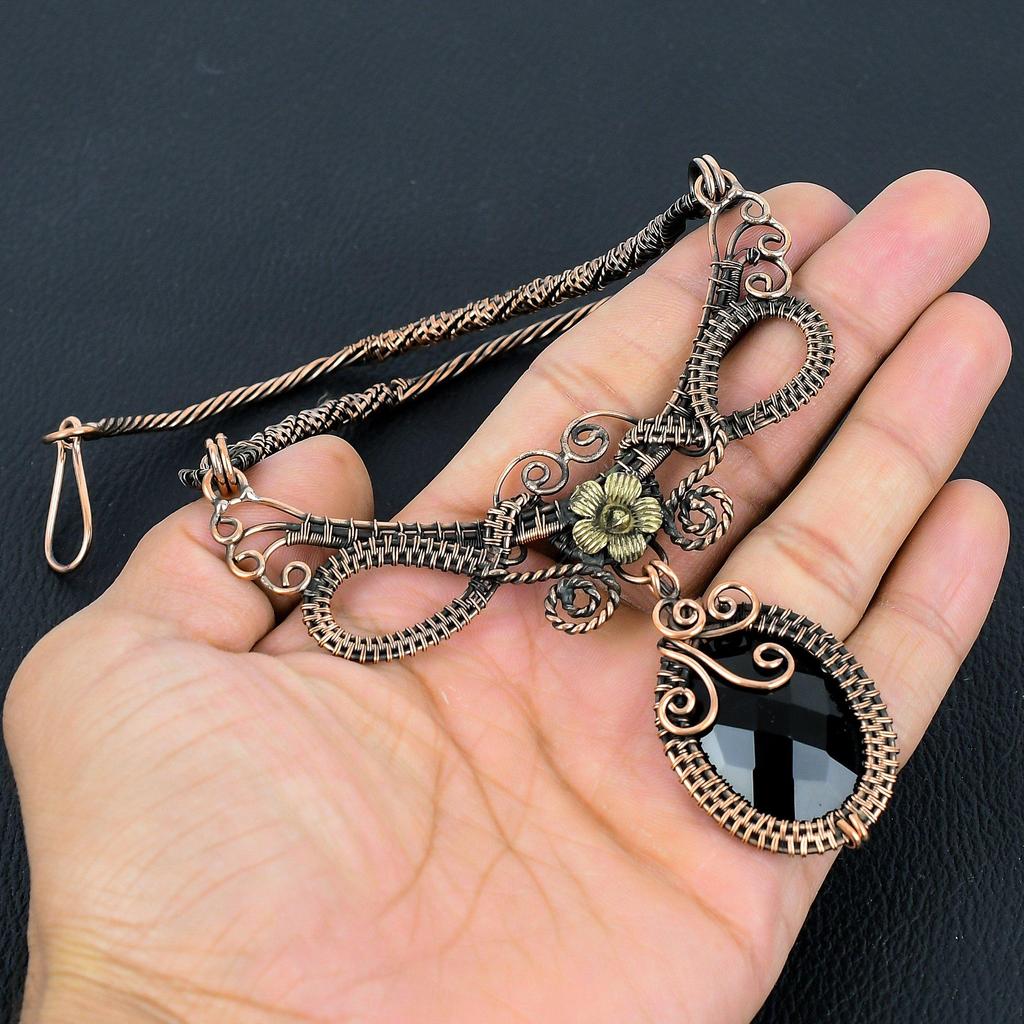 Faceted Black Spinel Necklace Handmade Jewelry, 999 Copper Wire Wrapped Necklace Designer Gemstone Jewelry Adjustable Chain Necklace Gift For Mom